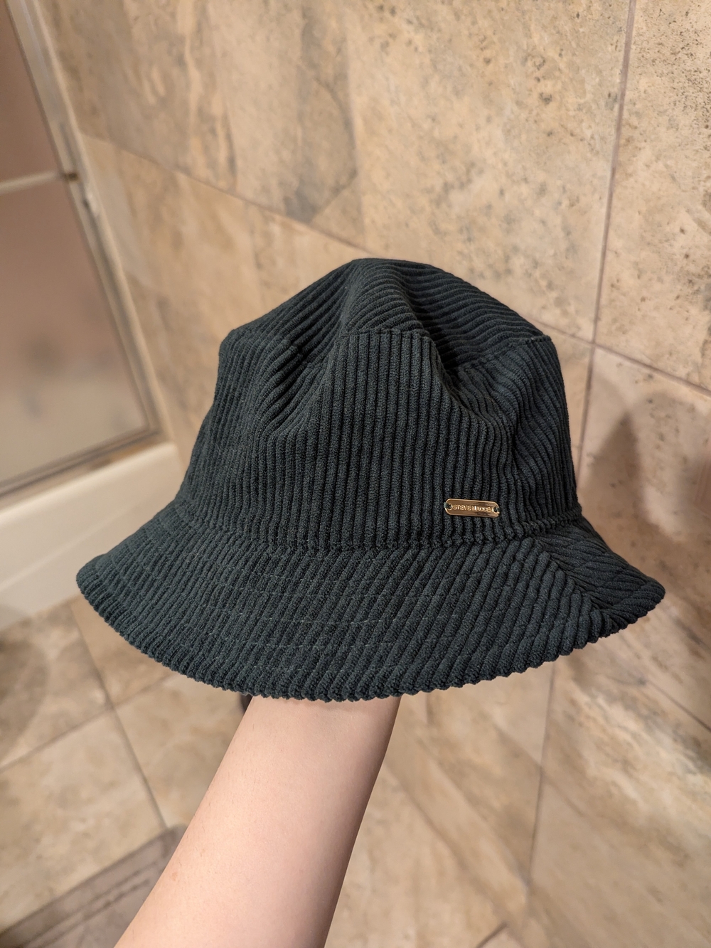 Steve Madden Kids Dark Green Corduroy Bucket Hat with Metal Logo